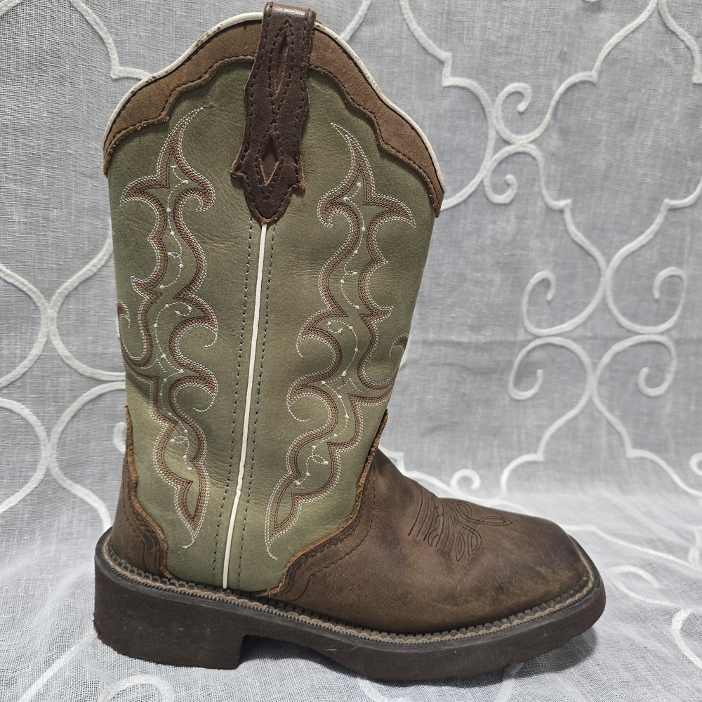 Ariat Kids Cowboy Boots Brown Leather Green Shaft Western Square Toe